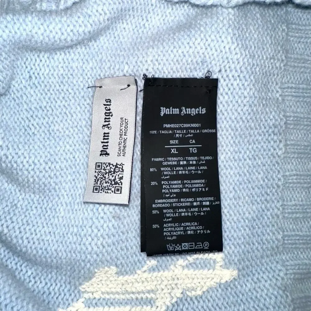 Palm Angels Curved Logo Wool Blend Light Blue Knit Sweater XL